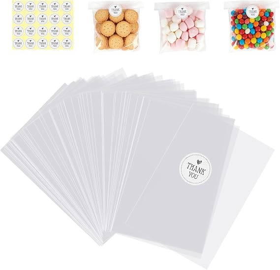 200Pcs Cellophane Bags, 15x10 cm Clear Plastic Bags for Weddings, Birthdays, Christmas Parties, Biscuits (10 * 15CM)