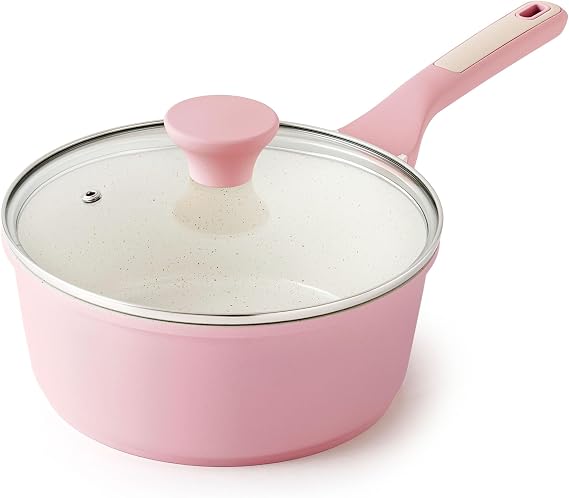 SENSARTE White Ceramic Nonstick Saucepan with Lid 2.5 Quarts, Medium Cooking Pot with Stay Cool Handle, Induction Compatible Saucepot, White Granite Coating, Free of Intentionally Added PTFE/PFOA/PFAS
