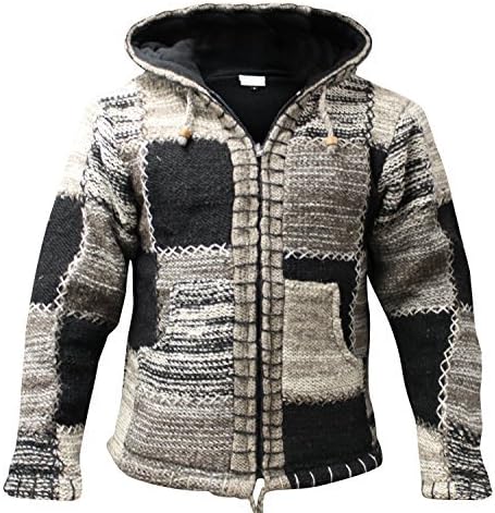 Shopoholic Fashion Patchwork Hooded Fleece Jacket, Double Knitted Wool Full Zip Hoodie Sweater for Men