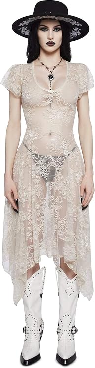 Dolls Kill Dearly Departed Lace Dress by Widow Vintage Lace Dress with Corset Back & Handkerchief Hem