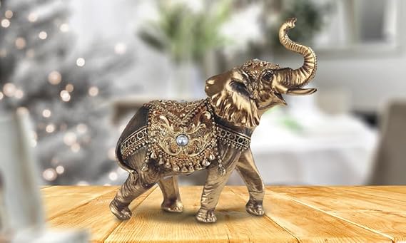 6" W Gold Thai Elephant with Trunk Up Figurine Statue Home/Room Decor Ideas for House Warming, Holidays and Birthdays Great Collectible Addition