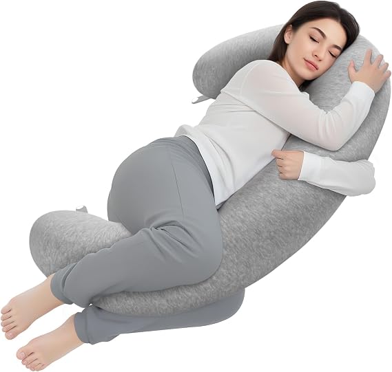 TranquilRelax C Shaped Body Pillow for Side Sleepers, Grey-53"*10" | Memory Foam Long Pillow for Leg, Body Pillow, Pregnancy Pillow, Leg Support, Soft Washable Cover