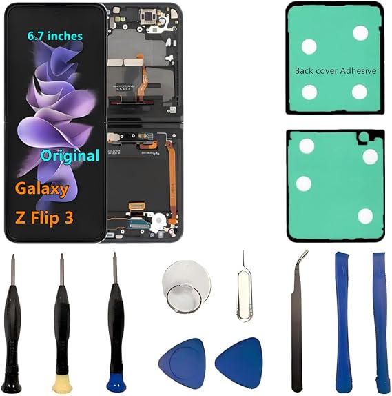 6.7" Original AMOLED for Samsung Galaxy Z Flip 3 Screen Replacement Z Flip3 5G SM-F711U SM-F711U1 Inner Foldable Display Touch Screen Digitizer Assembly. (with Black Frame+Back Cover Adhesive+Tools)