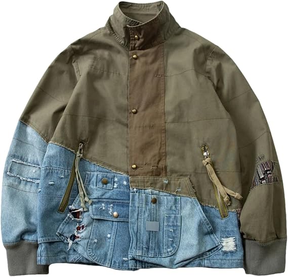 High Street Washed Denim Patchwork Vintage Oversized Jacket Warm Jacket Sweatshirt Men's Streetwear Outerwear
