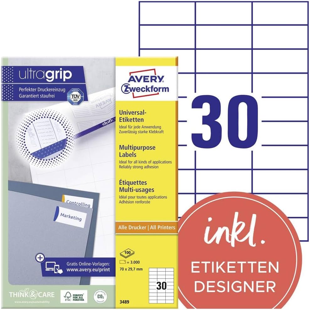 Avery Zweckform 3489 Universal Labels 100 Sheets 3,000 Labels 70 x 29.7 mm White