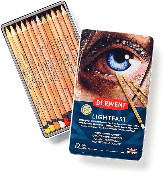 Derwent Lightfast Colored Pencils 12 Tin, Set of 12, 4mm Wide Core, 100% Lightfast, Oil-based, Premium Core, Creamy, Ideal for Drawing, Coloring, Professional Quality (2302719)