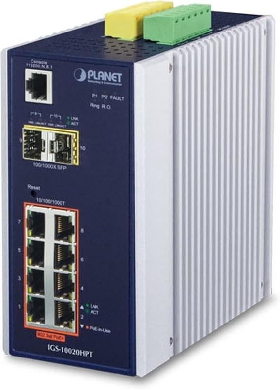 PLANET IGS-10020HPT / Industrial 8-Port 10/100/1000T 802.3at PoE + 2-Port 100/1000X SFP Managed Switch with Wide Operating Temperature