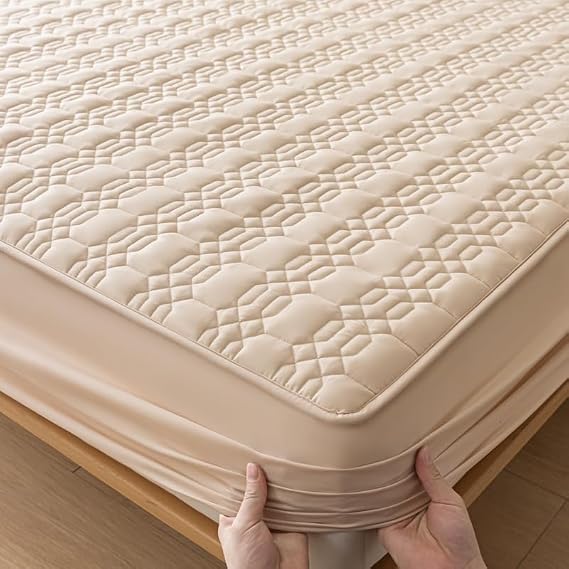 XMAYODS Double Mattress Protector Quilted 150x200/180x200 cm, Mattress Covers King/Single Size Breathable Bed Sheet, Extra Deep Fitted Mattress Cover 30 cm Mattress Pad(Beige,48x74cm(2X Pillowcase))