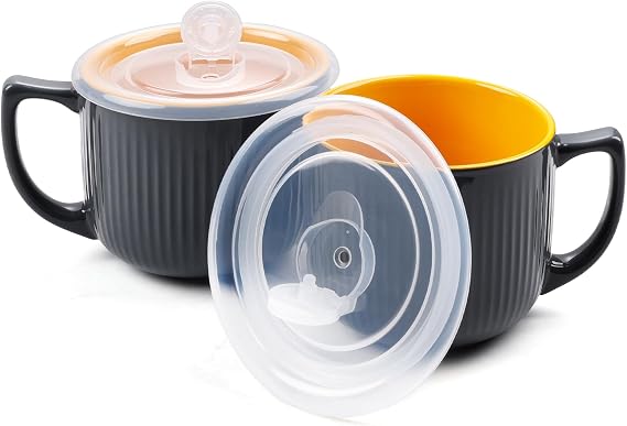 Ceramic Soup Bowl with Handle 32oz Microwave Ramen Bowl with Lid, Soup Mugs & Cups for Cereal, Oatmeal, Ramen, Instant Noodle, Soup Container with Lid (Gray)