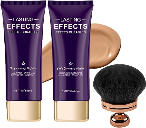 Long-Lasting Body Coverage Perfector, All-Over Complexion Perfector with Extra Large Body Makeup Brush, Tattoo Coverage Waterproof, Leg and Body Scar Coverage Makeup (Brown-2PC)