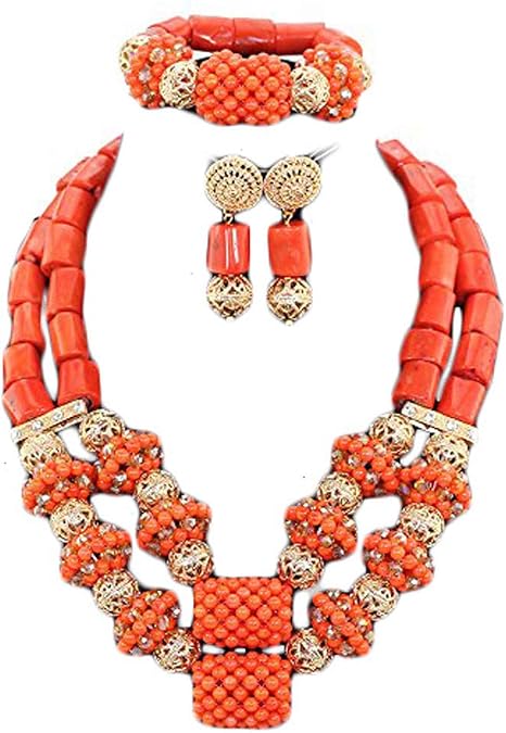 2018 Latest Coral Jewelry Sets Nigerian Dubai Orange Necklace Sets of Beads African Bridal Jewelry Sets