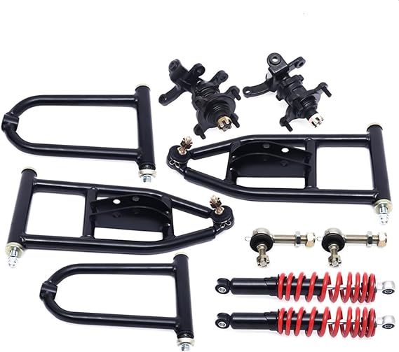 340mm Front Suspension Shock Kit, Swingarm Upper/Lower A Arm Steering Strut Knuckle Spindle & Wheel Hub Fit For DIY Buggy Electric ATV Quad Bike Buggy Go Kart Parts Control Arms