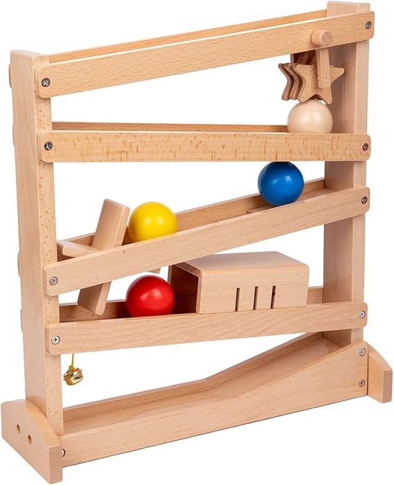 Adena Montessori Tracker Ball Drop Wooden Toy, 1-3y | 4 colorful balls move slowly on open ramp. Teaches tracking, gravity & motor skills. Montessori home/classroom.