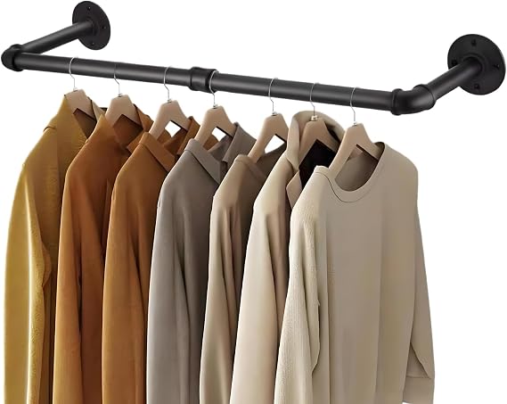 Wall Mount Iron Clothing Rack, Black Steel Laundry Room Drying Rack, Space Saving Coat Closet, 50 lbs Capacity (47 x 11 in)