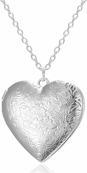 Love Heart Locket Necklace for Women Gold Silver Personalized Charm Hold Pictures Engraved Flowers I Love You Heart Shaped Chain Necklace for Birthday Anniversary Valentine's Day Jewelry Gifts