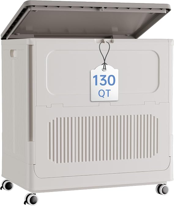 HAIXIN 130QT Large Storage Bin with Lid and Wheels, Cream White | 32.5 Gal Flip Top Large Opening Container, Plastic Closet Organizer, Rolling Storage Chest for Home Bedroom Laundry Garage