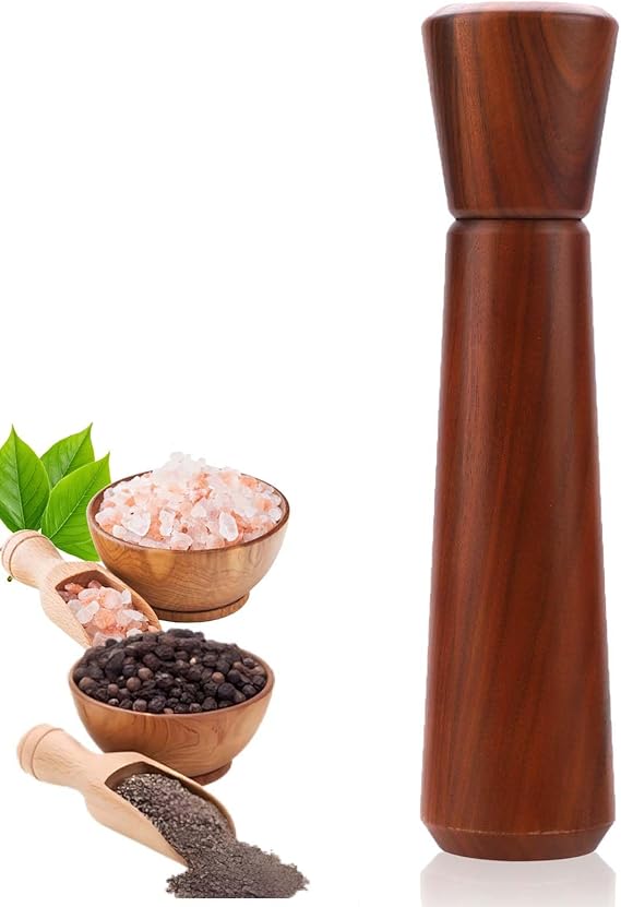 Wooden Pepper Grinder,Pepper Mill Wood 10InSalt Grinder Refillable,Pepper Grinder Manual Adjustable Ceramic Rotor,Easy Refill,Salt and Pepper Shakers with Coarseness Control 1-Pack