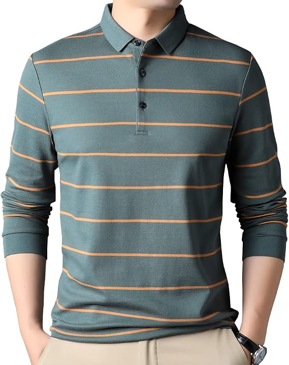 Mens Casual Cotton Striped Slim Fit Long Sleeve Collared T Shirt Polo Shirts