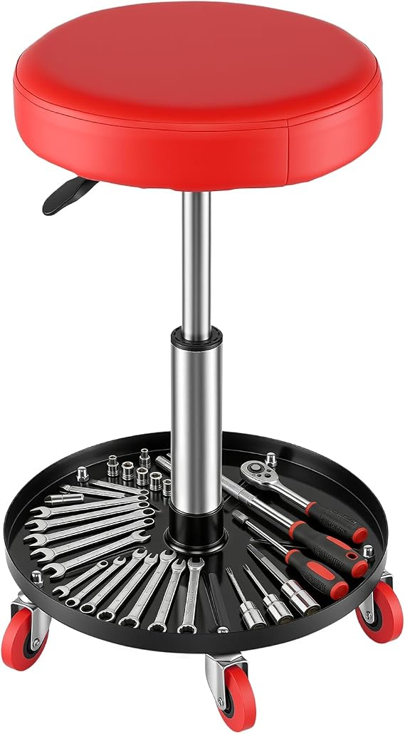 Mobile Workshop Stool, Rolling Mechanic Stool with Smooth Casters, 44-59.5cm Height Adjustable, 150KG Capacity Garage Seat Work Stool, Workshop Seat for Car Maintenance and Repair Roller Creeper Seat