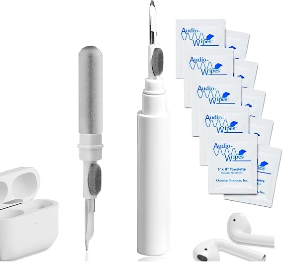 Earbud Cleaning Kit with 5 Audio Wipes, 3-in-1 Cleaning Pen for AirPods & Wireless Earbuds, Cleaning Tool for Charging Case, Phone, Keyboard, Speakers & Electronics, Compact Travel Cleaner