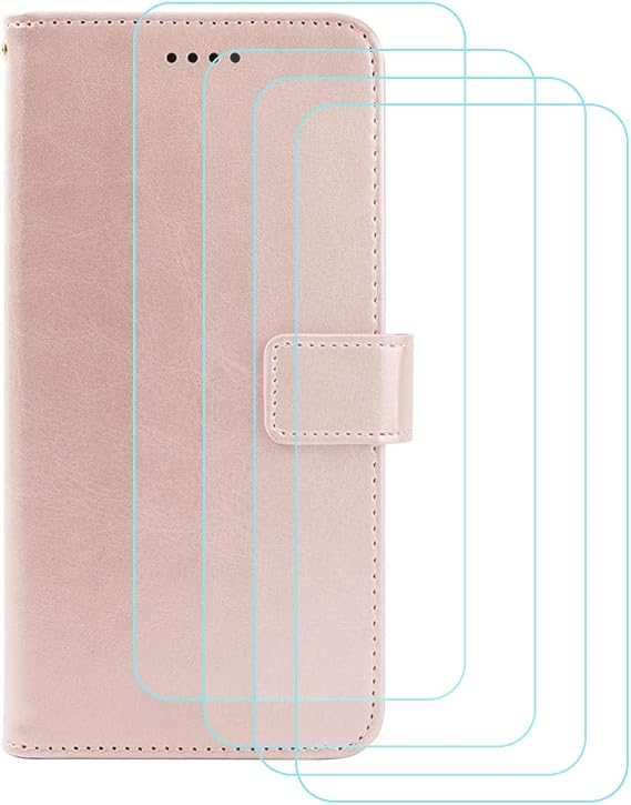 Case for Oppo A38 (6.56") + 4 Pack Screen Protector Film Tempered Glass, Magnetic PU Wallet Flip Protective Cover with Card Slots Case, Rose Gold Leather Case YS7