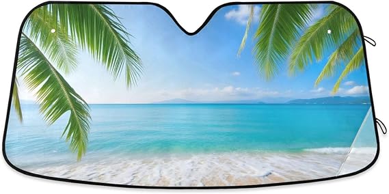 Tropical Palm Tree Beach Car Windshield Sun Shade Blocks UV Rays Sun Visor Protector Foldable Sun Reflector to Keep Your Vehicle Cool