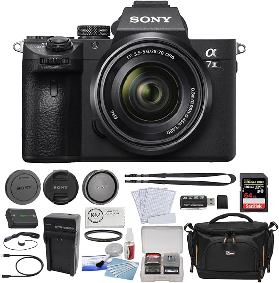 Sony a7 III Mirrorless Camera | 28-70mm Lens Bundle with 64GB Memory Card + Case + Card Reader + Memory Case + Screen Protectors + Cleaning Kit + Cloth + UV Filter + Charger + Cap Keeper (11 Items)