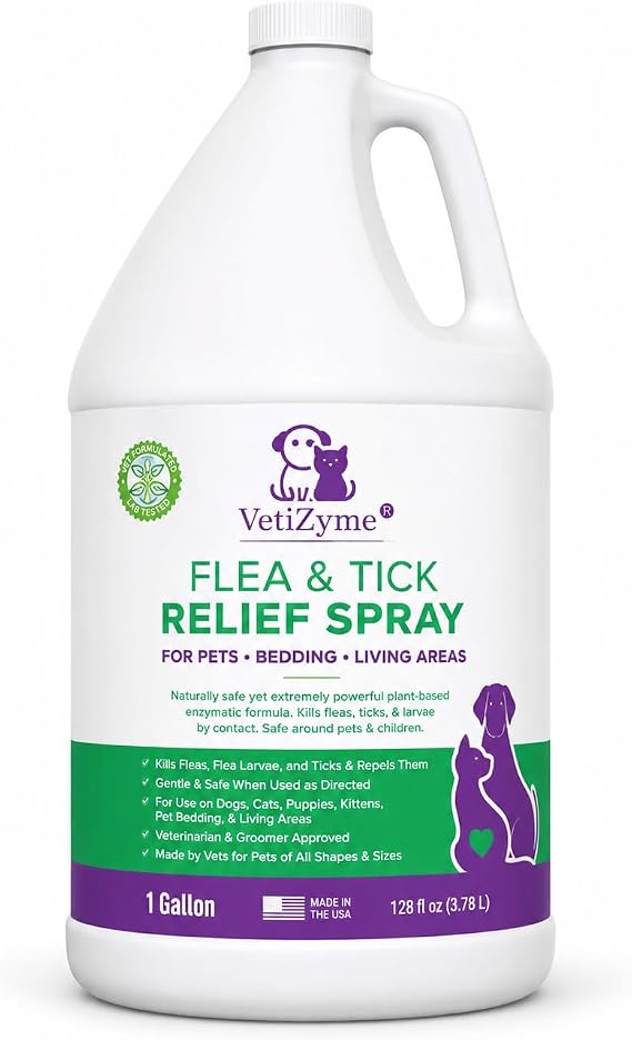VetiZyme Flea & Tick Relief Spray for Dogs, Cats, Puppies & Kittens Plant-Based Enzyme Formula, Kills Fleas, Ticks & Larvae by Contact for Pets, Bedding, Crates, Carpets and Living Areas