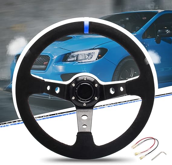 14" 350mm Deep Steering Wheel,Dish 6 Bolt with for Sport Racing Steering Suede Wheel Suede Horn Button US Included, Cable, Wrench Napped Leather Blue?