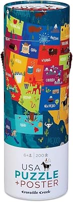 Crocodile Creek 200-Piece Jigsaw Floor Puzzle with Matching Poster - Fun Puzzles for Kids Ages 6-8 and Up - Heavy-Duty Storage Cylinder with Handle - USA Map - 19 x 13 Finished