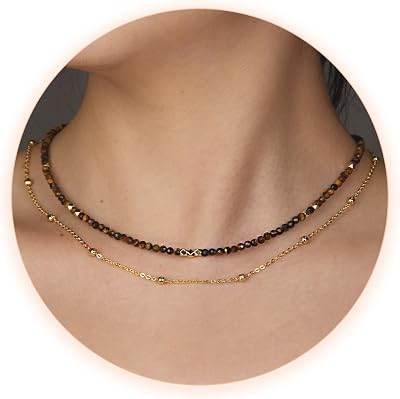 Beaded Necklaces for Women - 3mm Handmade Natural Stone Choker Healing Crystal Necklace Layered Gold Necklaces for Women Dainty Necklace Jewelry Gifts