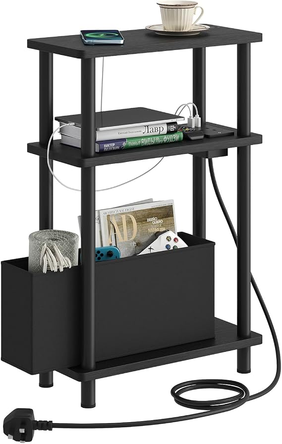 APICIZON Narrow Side Table, 3 Tier Bed Side Table, Slim End Table with Charging Station, for Living Room, Bedroom, Small Nightstand with Magazine Rack, Black(with a storage box and charging station)