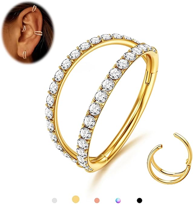 MILACOLATO G23 Titanium Nose Rings Hoops 16G 18G 20G Double Hoop Septum Click Nose Rings Lip Rook Lobe Tragus Helix Cartilage Daith Conch Earrings Clear CZ Paved Nose Piercing Jewelry for Women Men