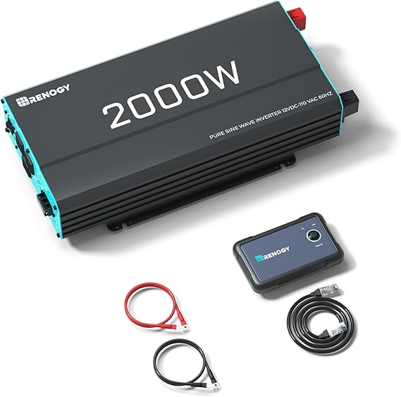 Renogy Inverter P2 2000W Pure Sine Wave Inverter 12V DC to 110V AC Converter, Off-Grid Solar Power Inverters for Vehicles, Truck, RV, Home, with Built-in 5V2.1A USB  Hardwire Port, Remote Controller