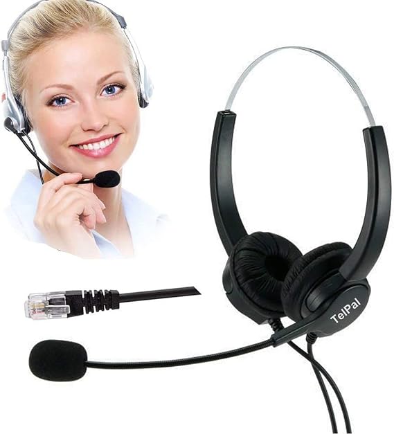 Telephone Headset, Hands-Free Call Center Noise Cancelling Corded Binaural Headset Headphone 4-Pin RJ9 Crystal Head Mic Microphone Desk Phone -Telephone Counseling Services,Insurance, Hospitals