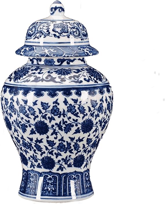 Chinese Decorative Ceramic Ginger Jar Traditional Blue and White Porcelain Temple Jar for Home Decoration,H12inch,1 jar/box