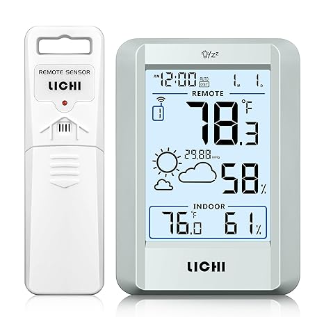 Indoor Outdoor Thermometer Wireless Weather Station External Thermometer Hygrometer Monitor with 330ft Range Remote Sensor, Battery Operated Backlit Display (Grey)