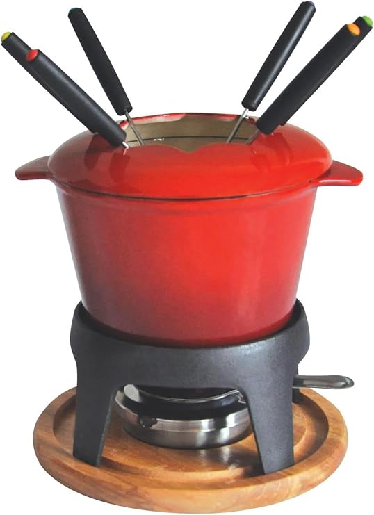 Baumalu - 385050 - Cast iron fondueset 6 persons red color Enamelled for six people with wooden board and accessories versatile for cheese chocolate and meat