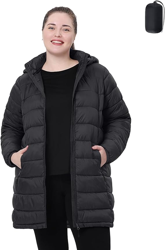 Plus Size Women Packable Puffer Jacket 1X-6X Water-Resistant Lightweight Puffer Coat Detachable Hood