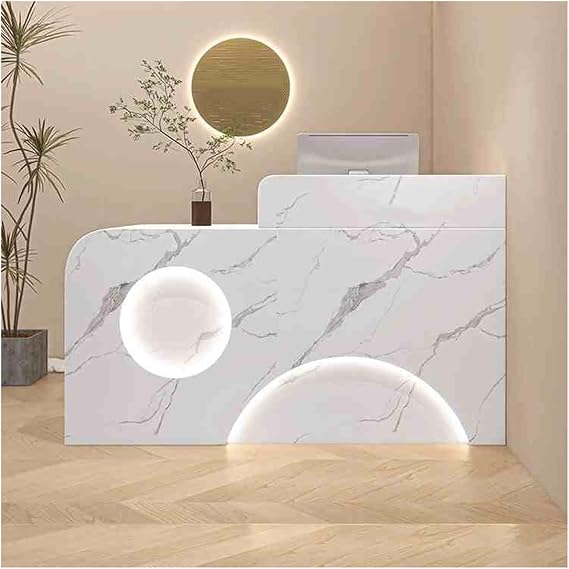 Front Desk Reception Counter,Retail Checkout Counter with Storage Cabinet,White Counter with Lights,Office Counter for Company Halls,Hotel Receptions,Clothing Stores(Left-3,150cm/59in)