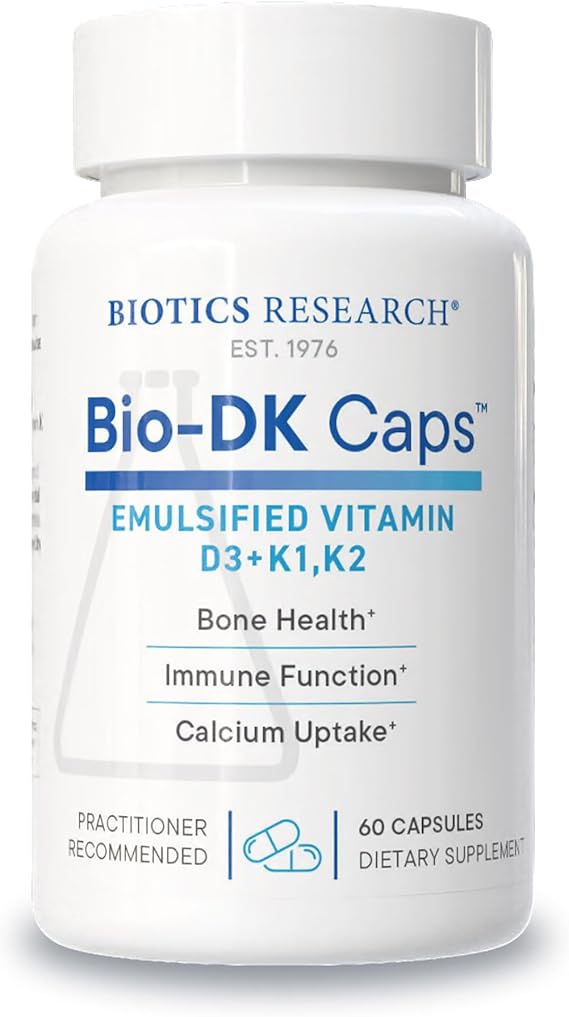 BIOTICS RESEARCH Bio-DK CapsTMEmulsified Vitamin D and K, Vitamin D3 125 mcg & Vitamin K (k1,k2) 550 mcg- MK7 Vitamin D3 K2 K1, Stronger Bones, Musculoskeletal Strength, Healthy Heart & BMI 60 Caps
