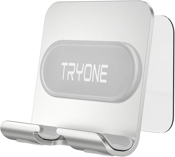 Tryone Wall Mount Cell Phone Holder - Mirror Adjustable Cellphone Stand with 2Pcs Adhesive Sticky Pads for Bathroom Bedroom Kitchen or Dorm, Compatible with iPhone Series or Other Smartphones