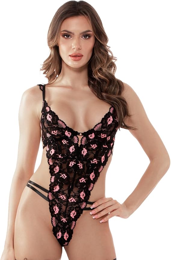Women Lace Lingerie Strappy Teddy Deep V Stretchy Bodysuit Black Lingerie