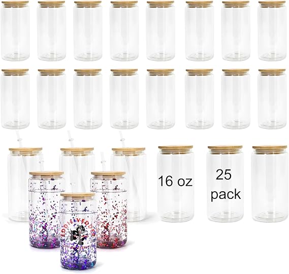 25 Pack Snow Globe Tumbler, 16 oz Snowglobe Cups Pre Drilled Sublimation Double Wall Glass Blanks With Bamboo Lid And Straw For Glitter Snow Globe DIY (16 oz)