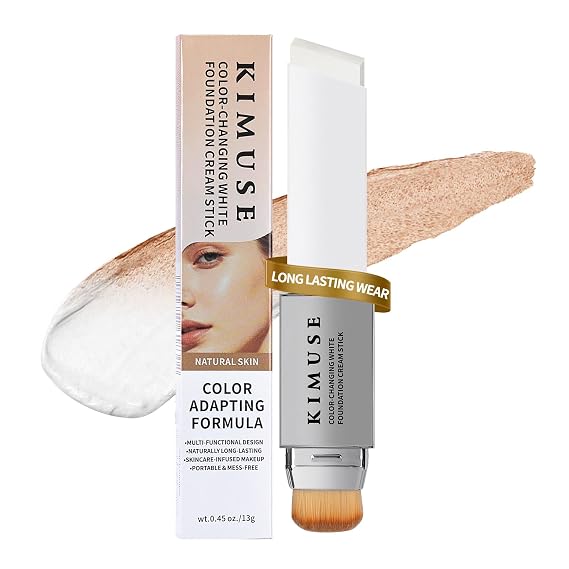 KIMUSE Color-Changing White Foundation Cream Stick, Long Lasting Color Changing Foundation, Medium to Full Coverage Stick Base Makeup, Dual-Ended with Brush