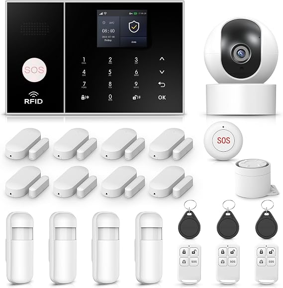 LWOHSI 4G + WiFi Alarm System with 4.3 Inch Touch Screen HD Security Camera App Notifications Door and Window Sensors Motion Sensor Alexa & Google Compatible No Monthly Fees