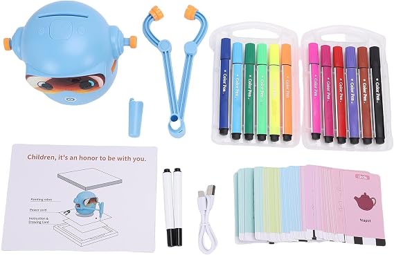 Smart Automatic Drawing Robot Toy Fun Music Educational Drawing Machine with 100 Cards 14 Colorful Pens (Blue)