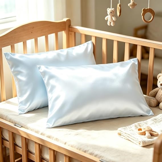 Toddler Silk Satin Pillow Cases 14"x20",Baby Blue,2 Pack