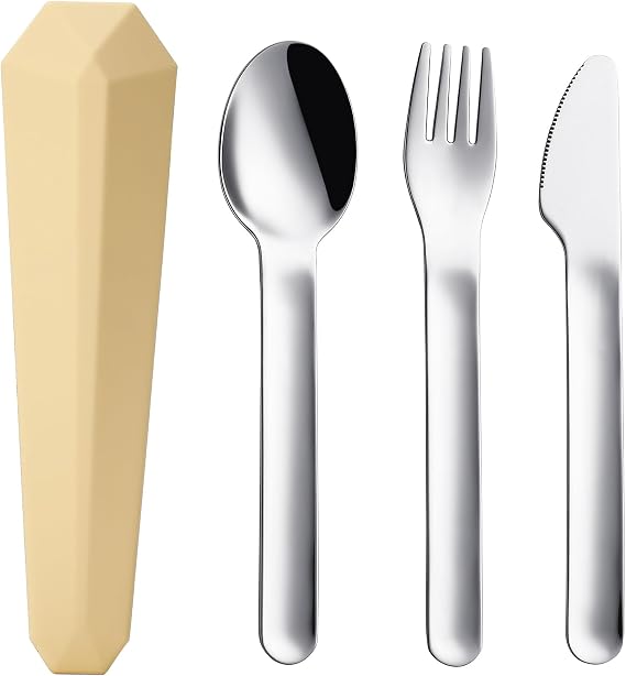 DEVICO Utensils for Lunch Box, 4Pcs Travel Silverware Set with Case, Yellow | Portable Silicone Case, 18/8 Stainless Steel Fork Spoon Knife Set for Work School Picnic, Reusable Camping Cutlery for Kids