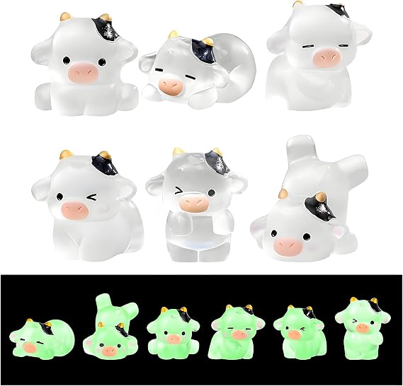 6pcs Mini Cow Figurines Tiny Resin Luminous Animals Mini Resin Figures Little Plastic Animals Miniature Animal for Garden Landscape Home Car Dash Decor Party Cake Headbands DIY (transparent color)